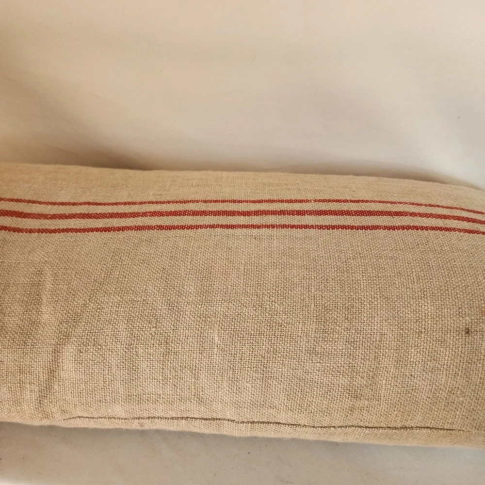 POTTERY BARN RED STRIPE LINEN HEMP FRENCH GRAIN SACK BUTTON PILLOW  16x26